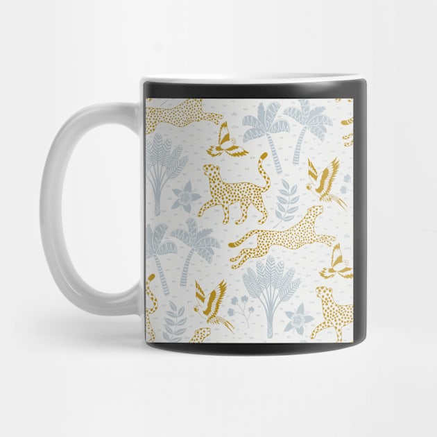 cheetahs and parrots in the jungle | bluish gray and gold | repeat pattern by colorofmagic